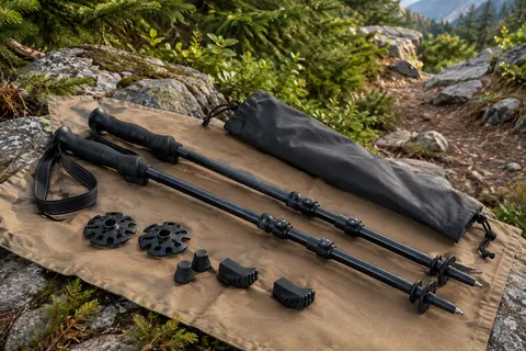 Paire de bâtons de randonnée télescopiques noirs avec embouts et sac de rangement sur un sentier