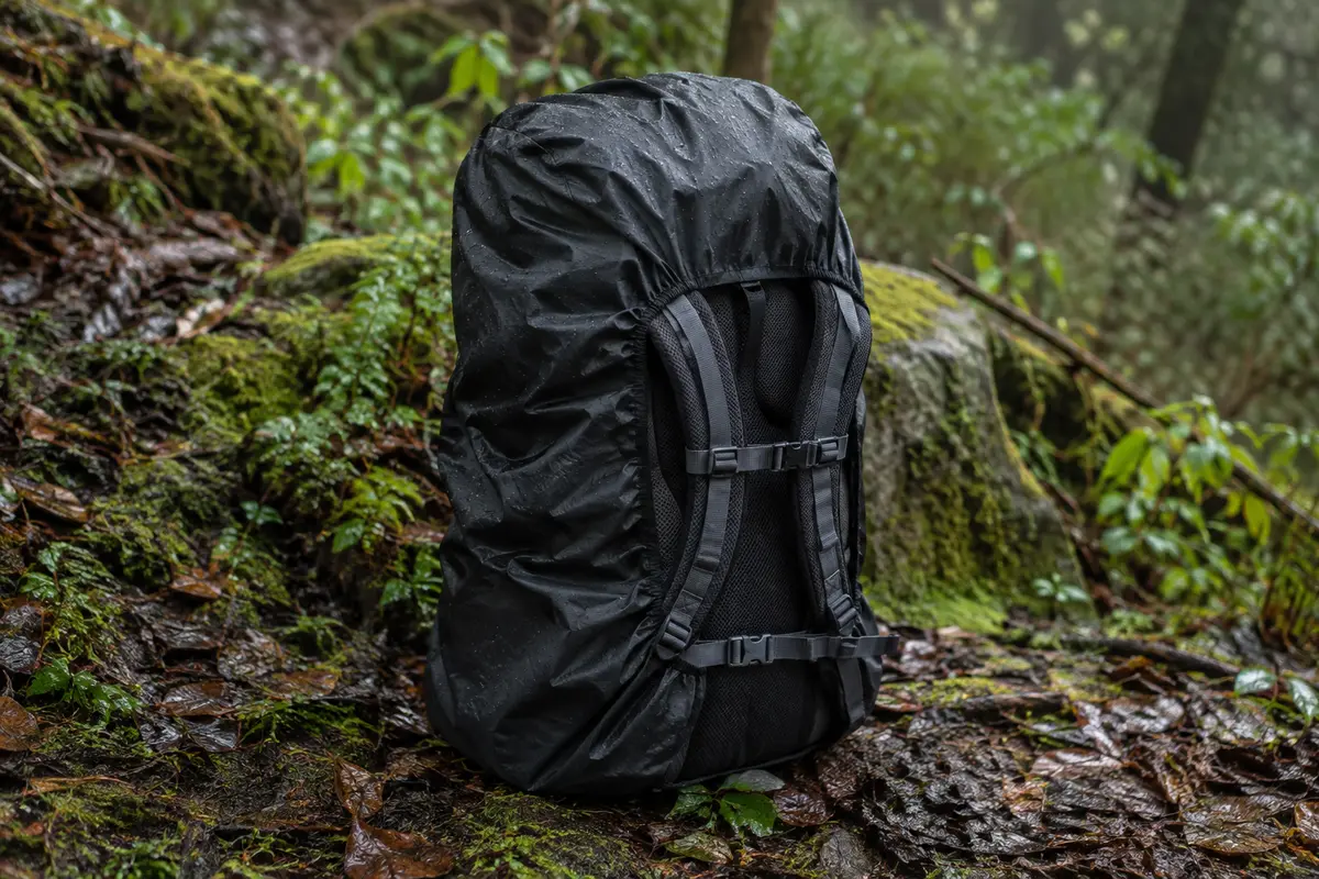Housse de pluie noire Unigear ajustable installée sur un sac à dos dans un sous-bois humide.