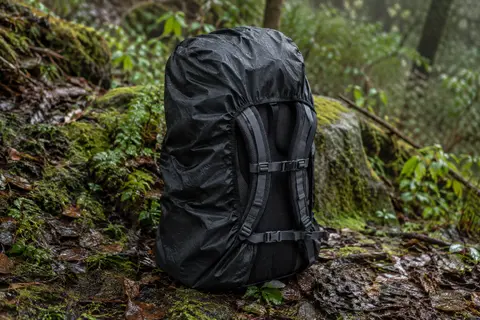 Housse de pluie noire Unigear ajustable installée sur un sac à dos dans un sous-bois humide.