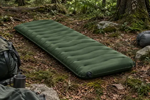 Matelas de bivouac gonflable vert militaire à tubes ondulés posé dans un sous-bois