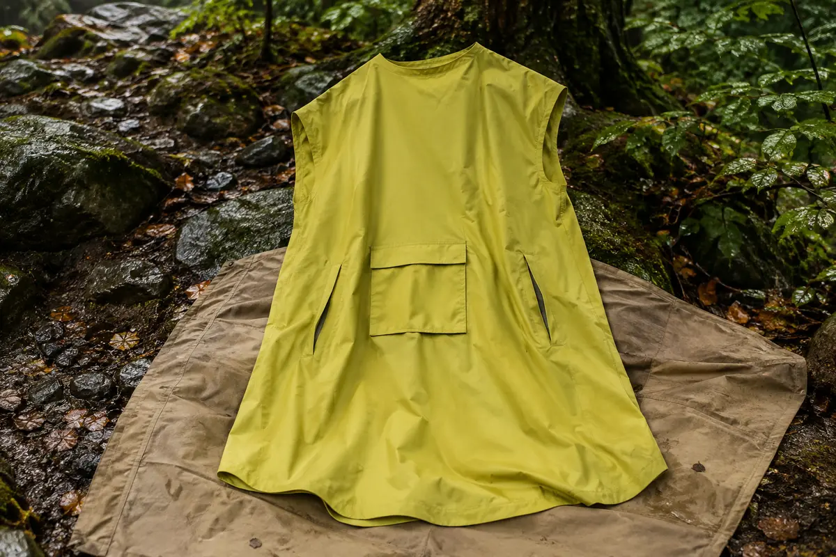 Poncho de pluie citron VAUDE Valdipino, ample et léger, posé dans un sous-bois humide.