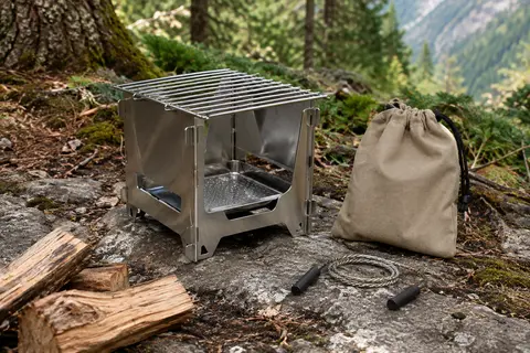 Réchaud à bois pliable en acier inoxydable avec grille, sac de rangement et accessoires en sous-bois