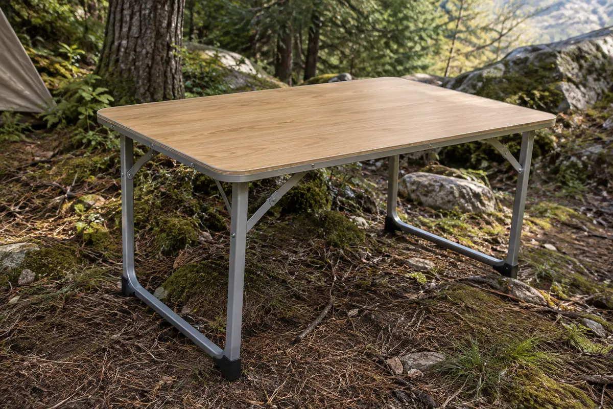 Table de camping pliante au plateau finition chêne et piètement gris, installée dans un sous-bois.
