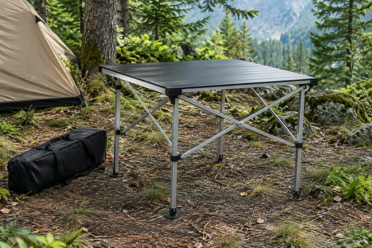 Table de camping pliante noire en aluminium, avec pieds réglables et sac de transport dans un sous-bois