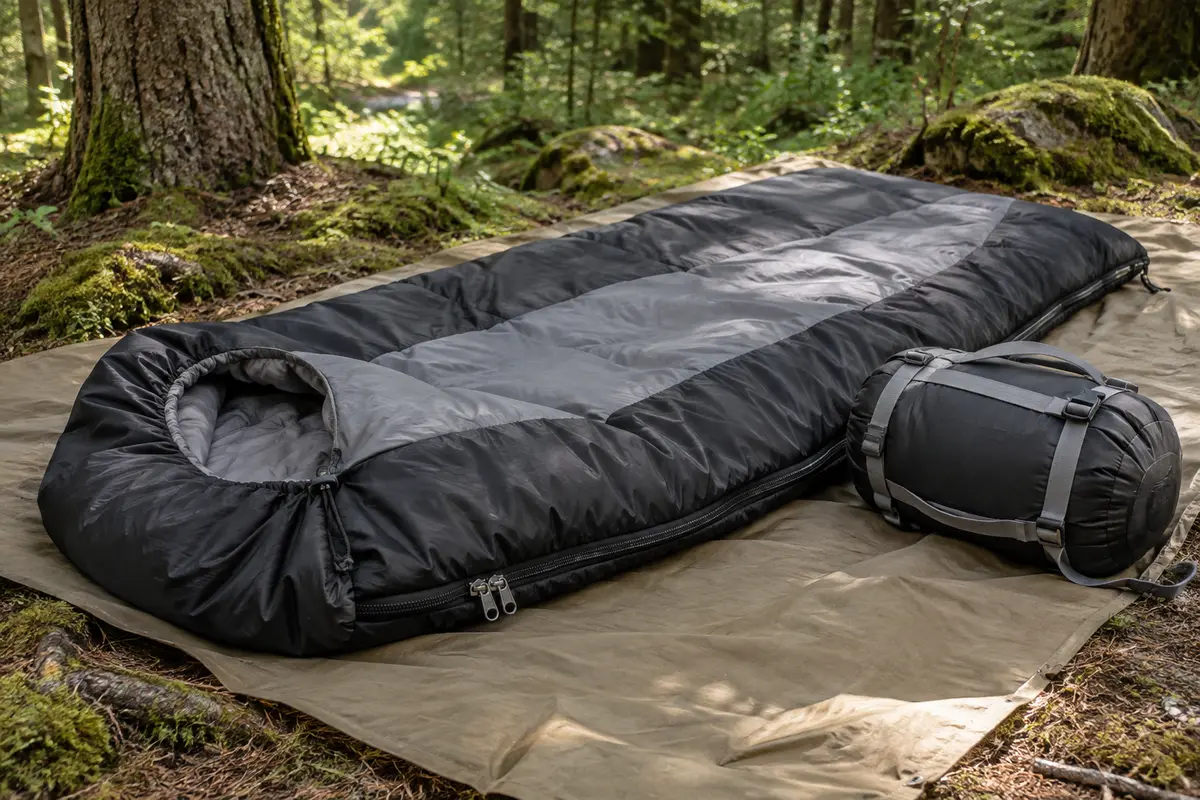 Sac de couchage rectangulaire noir et gris avec capuche réglable et sac de compression dans un sous-bois