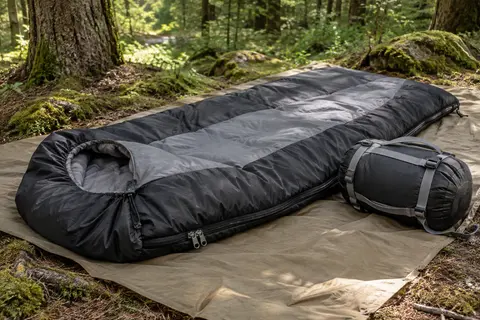 Sac de couchage rectangulaire noir et gris avec capuche réglable et sac de compression dans un sous-bois