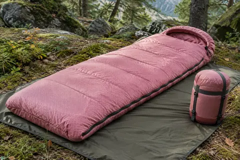 Sac de couchage rose Yordawn avec capuche et fermeture éclair, posé dans un sous-bois de montagne