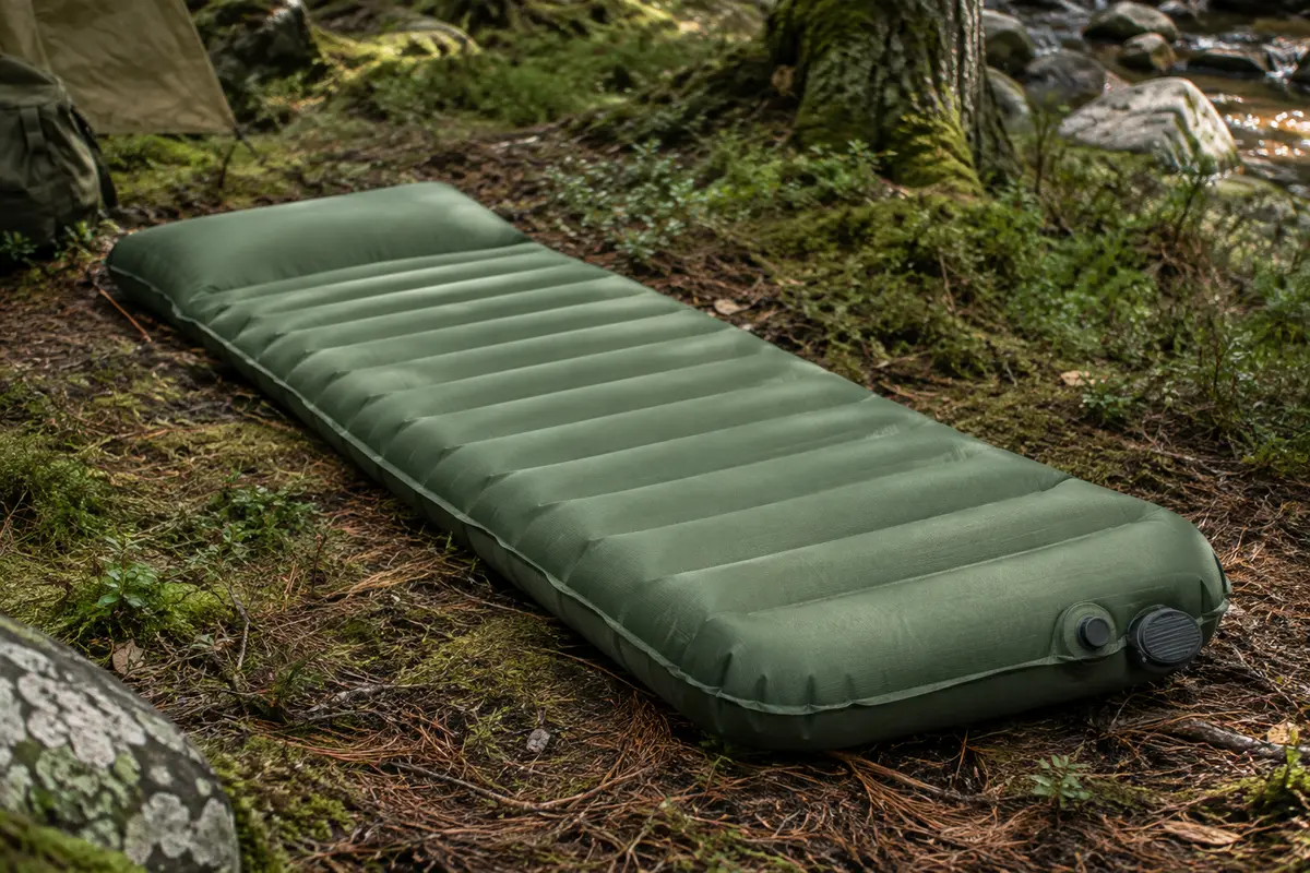 Matelas de bivouac gonflable vert avec oreiller et pompe à pied intégrés, posé dans un sous-bois