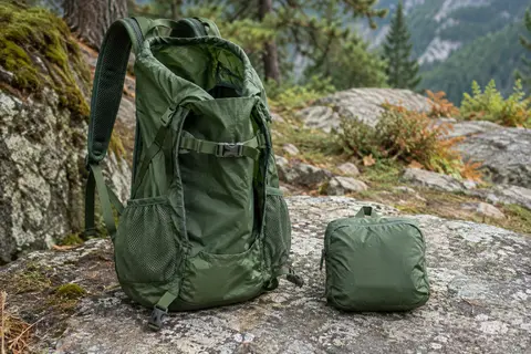 Sac à dos pliable vert en nylon posé dans un sous-bois, avec ses bretelles réglables et ses poches latérales visibles.