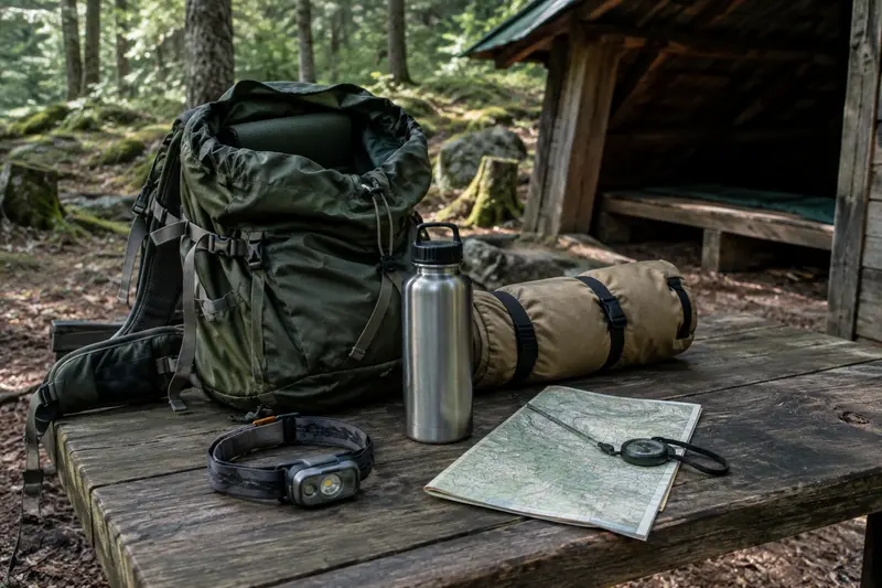 Sac à dos, gourde et lampe frontale préparés pour une sortie en sous-bois